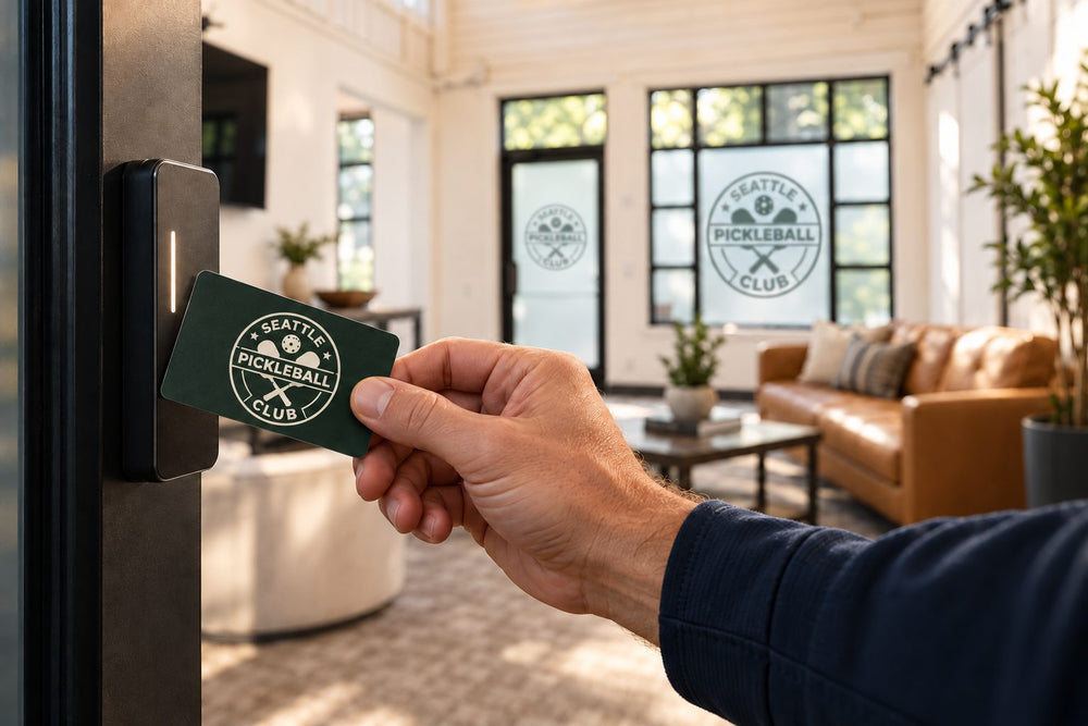A member taps a Seattle Pickleball Club key card at the entry reader