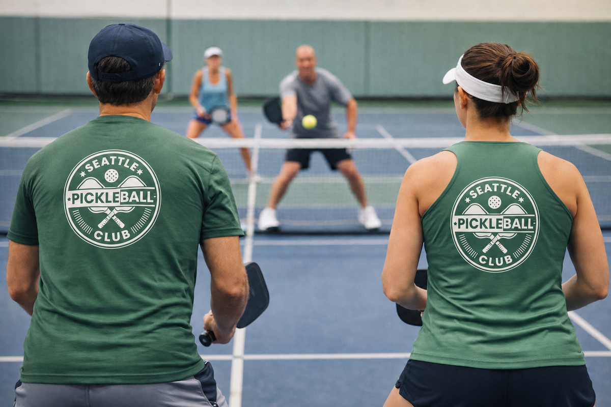 Two people in matching Seattle Pickleball Club green shirts stand in the foreground on a pickleball court, facing two opponents who are in the middle of a volley.